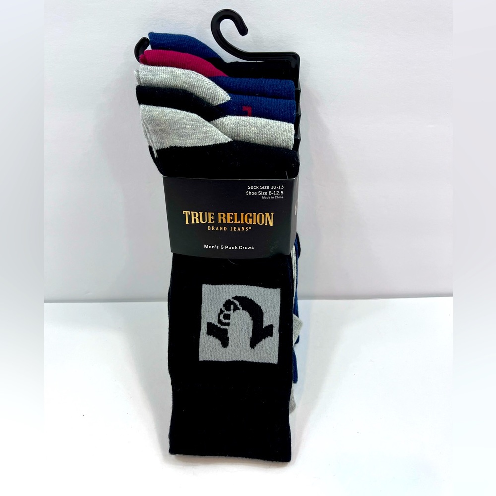 TRUE RELIGION MENS 5 PACK CREWS SOCKS BLACK, GREY, NAVY BLUE, SIZE 8-12.5